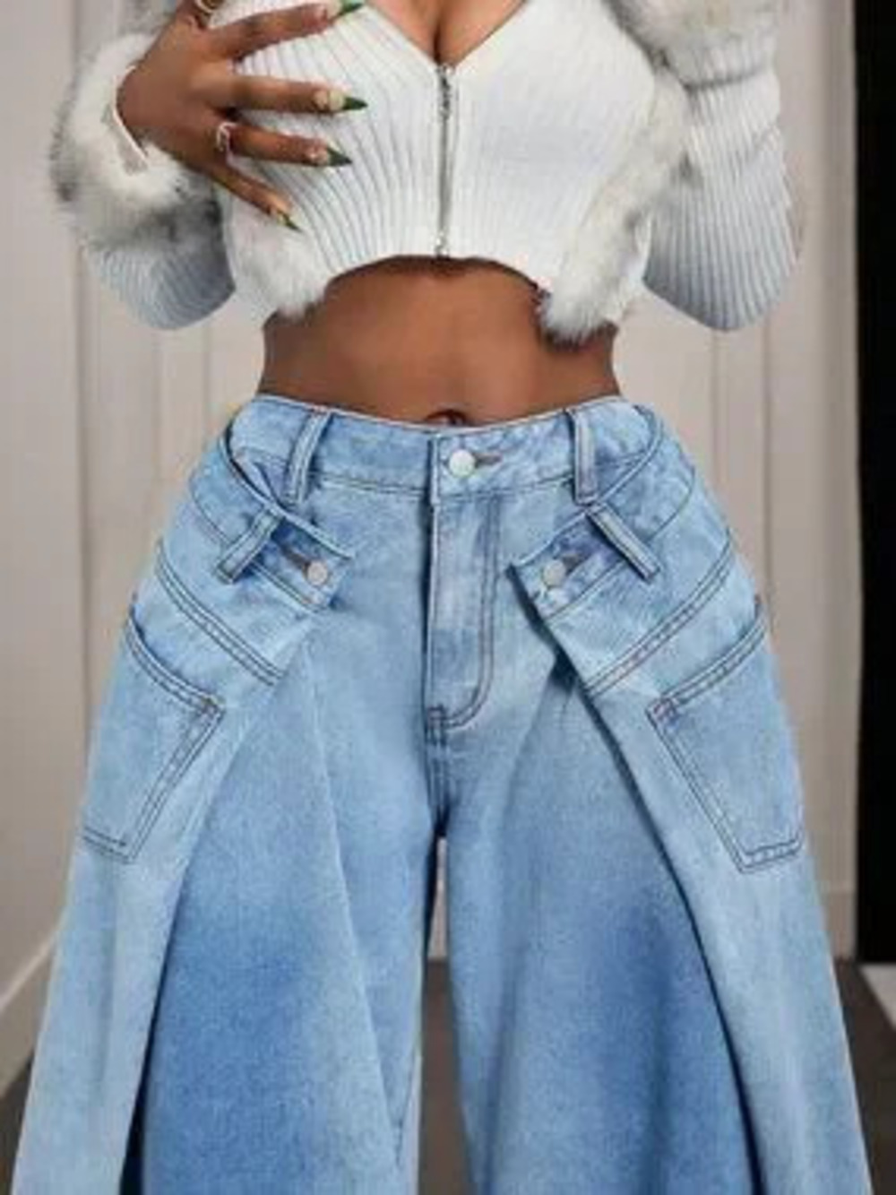 Washed Blue Casual Women's Gradient Fold Pleated Detail Loose Wide-Leg Jeans